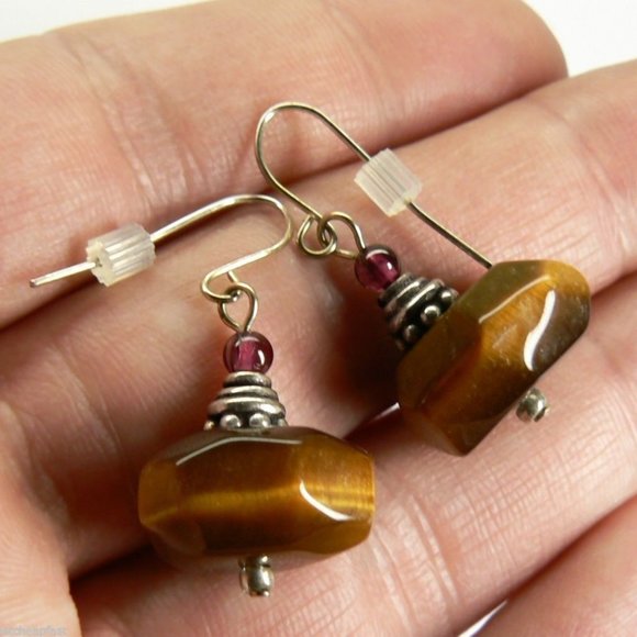 Tigers eye Garnet Sterling silver drop Earrings - Picture 2 of 2